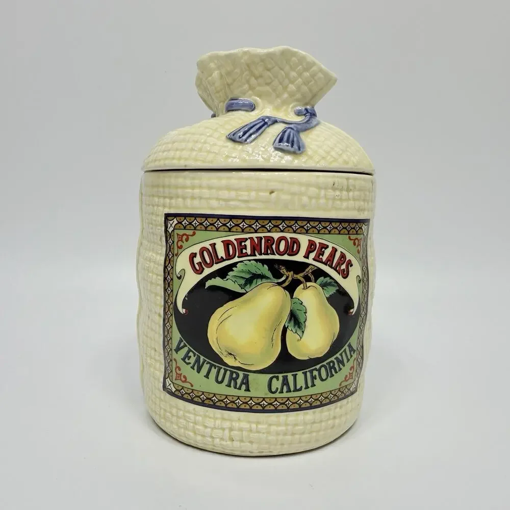 Vintage Hearth Home Goldenrod Pears Burlap Sack Kitchen Canister Jar 8